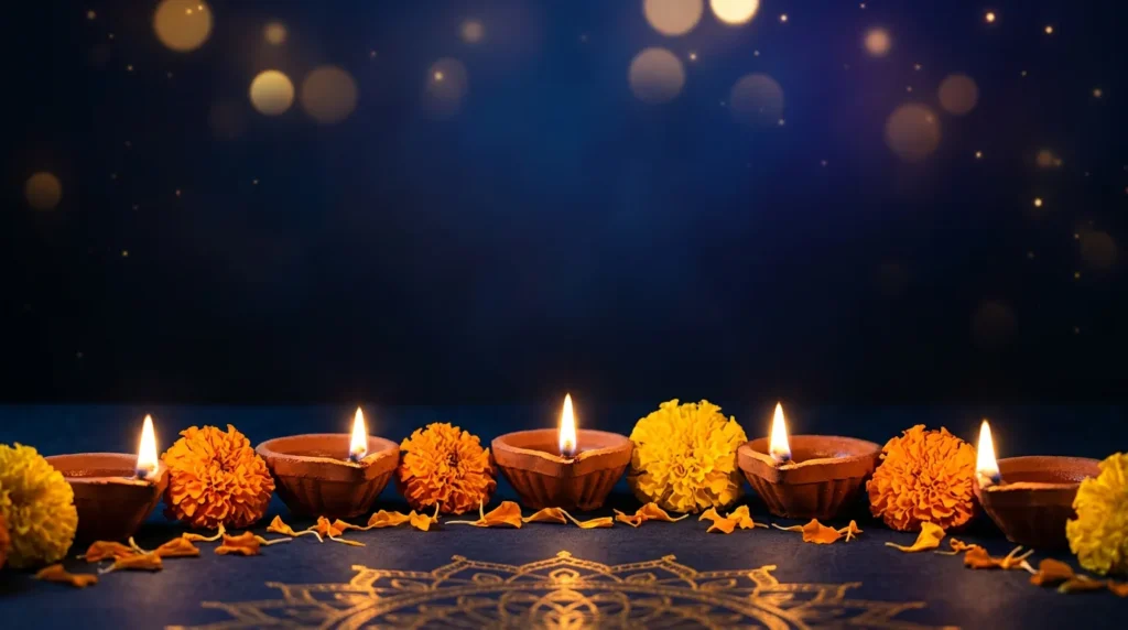Glowing clay diyas and marigold flowers for Diwali